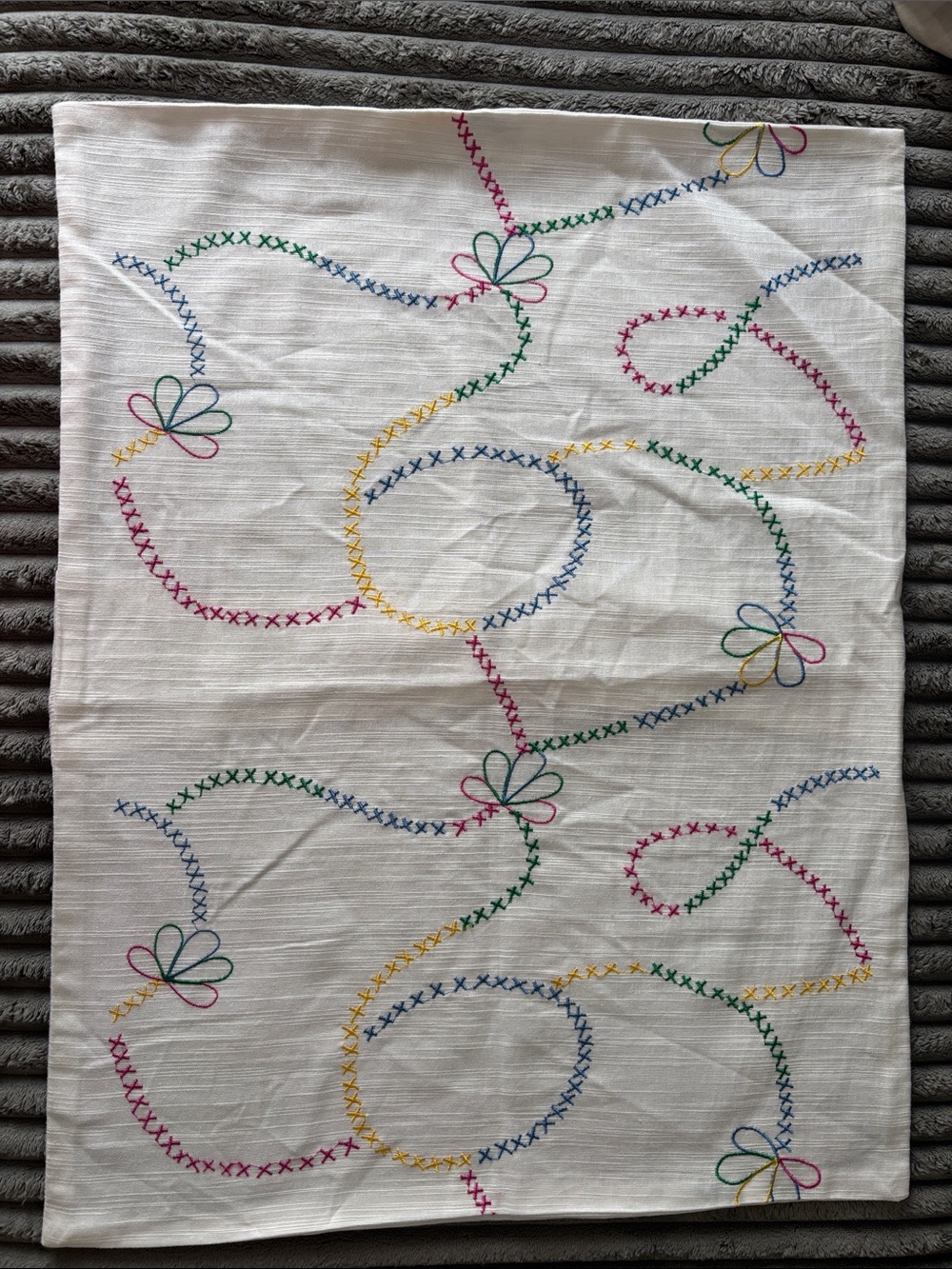 Boutique Embroidered White Cotton Linen Sham with Colorful Stitching